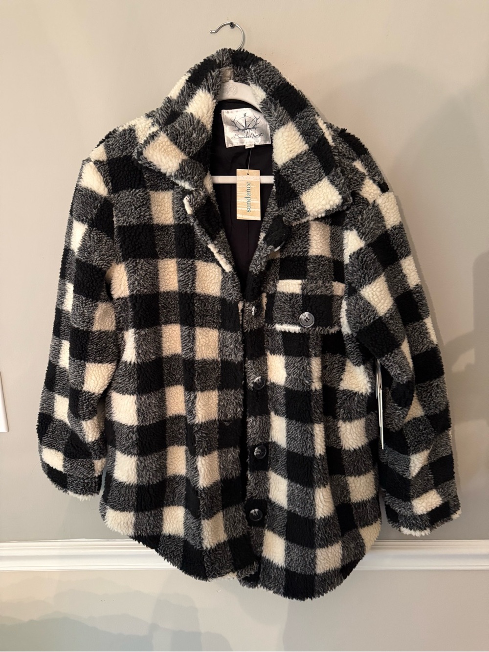Sundance Faux Fur Black Plaid Teddy Coat